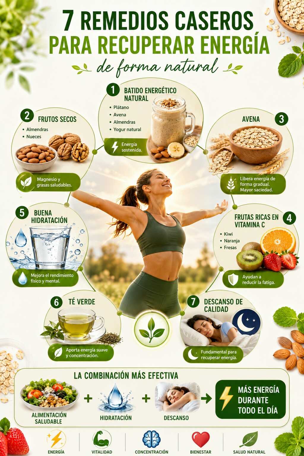 Infografía sobre 7 remedios caseros para recuperar energía de forma natural mediante alimentación saludable, hidratación, avena, frutas, frutos secos, té verde y descanso de calidad.
