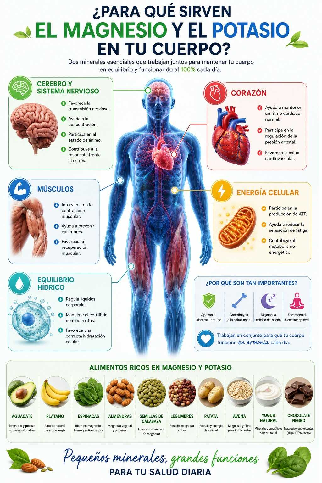 Infografía sobre las funciones del magnesio y el potasio en el cerebro, corazón, músculos, energía celular y equilibrio hídrico.