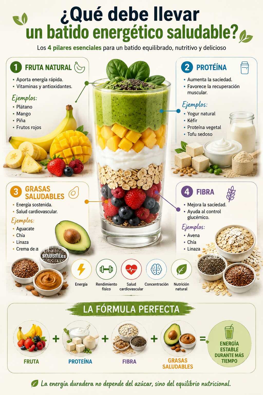 Infografía sobre los componentes de un batido energético saludable con fruta natural, proteína, fibra y grasas saludables para lograr energía estable durante más tiempo.